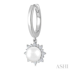 5.5 MM Round shape Cultured Pearls and 1/5 Ctw Round Cut Diamond Petite Fashion Huggies in 10K White Gold