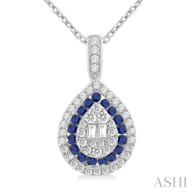 1.25 MM & 1.45 MM Pear Shape Sapphire and 1/4 Ctw Baguette and Round Cut Diamond Precious Pendant With Chain in 14K White Gold