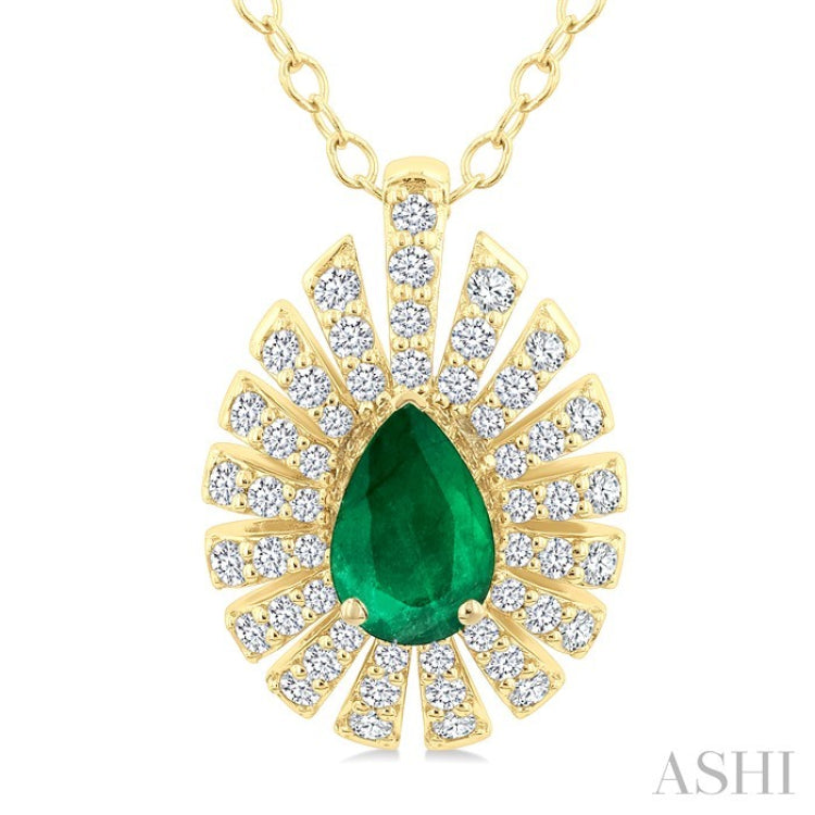 1/3 Ctw Starburst 6X4MM Pear Cut Emerald and Round Cut Diamond Precious Pendant With Chain in 14K Yellow Gold