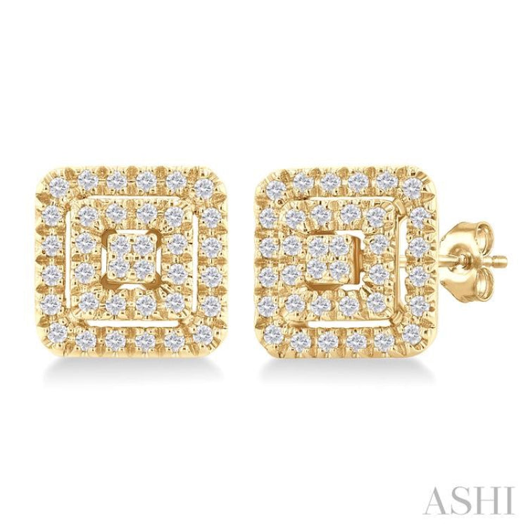 1/5 Ctw Double Halo Square Shape Petite Round Cut Diamond Fashion Stud Earrings in 10K Yellow Gold
