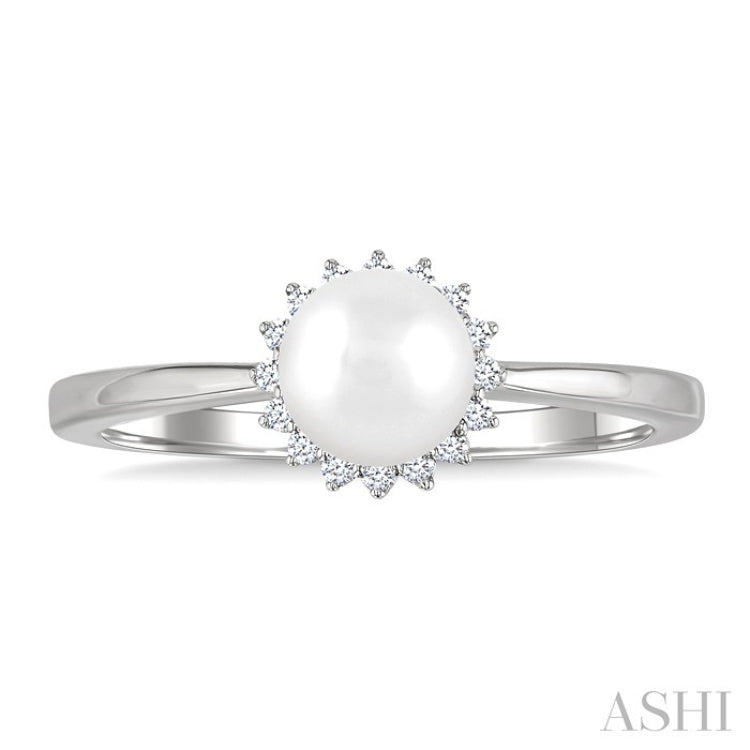 6 MM Round Shape Cultured Pearl and 1/10 Ctw Petite Round Cut Diamond Floral Halo Fashion Ring in 10K White Gold