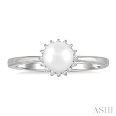 6 MM Round Shape Cultured Pearl and 1/10 Ctw Petite Round Cut Diamond Floral Halo Fashion Ring in 10K White Gold