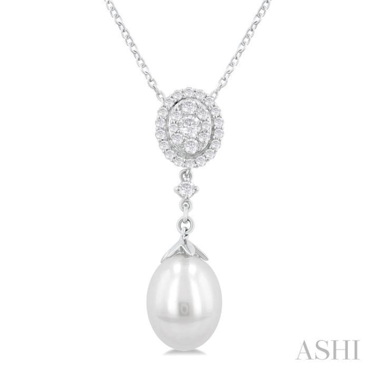 9X7 MM Oval Shape Mount Cultured Pearl Drop and 1/5 Ctw Round Cut Diamond Fashion Pendant With Chain in 14K White Gold