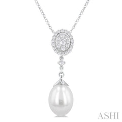 9X7 MM Oval Shape Mount Cultured Pearl Drop and 1/5 Ctw Round Cut Diamond Fashion Pendant With Chain in 14K White Gold