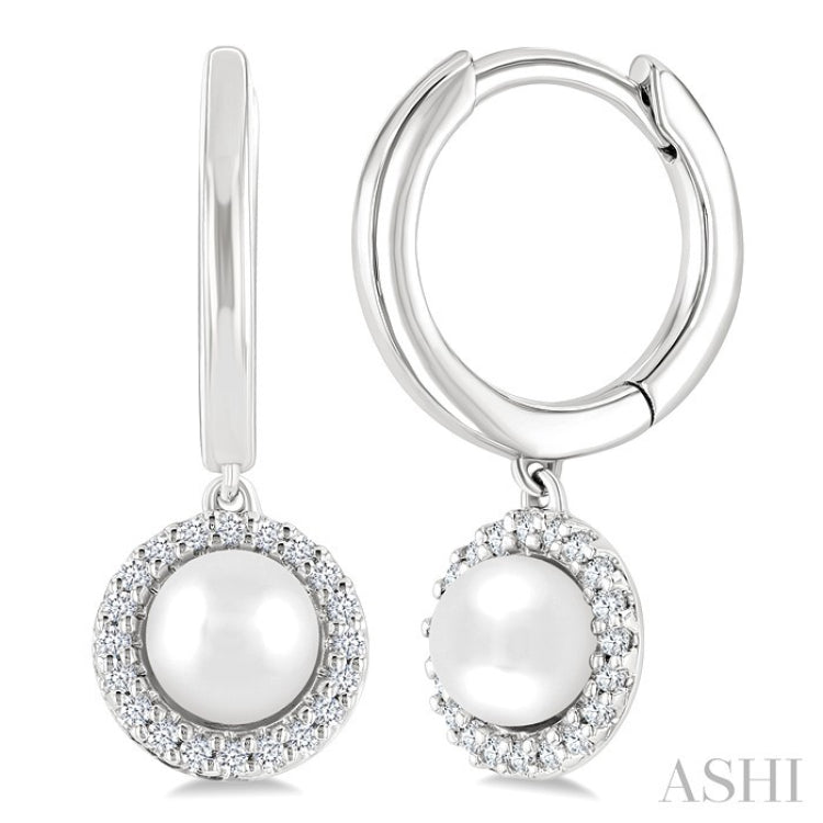 5.5 MM Round Shape Cultured Pearl and 1/8 Ctw Petite Round Cut Diamond Halo Fashion Huggies in 10K White Gold