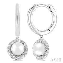 5.5 MM Round Shape Cultured Pearl and 1/8 Ctw Petite Round Cut Diamond Halo Fashion Huggies in 10K White Gold