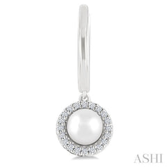 5.5 MM Round Shape Cultured Pearl and 1/8 Ctw Petite Round Cut Diamond Halo Fashion Huggies in 10K White Gold