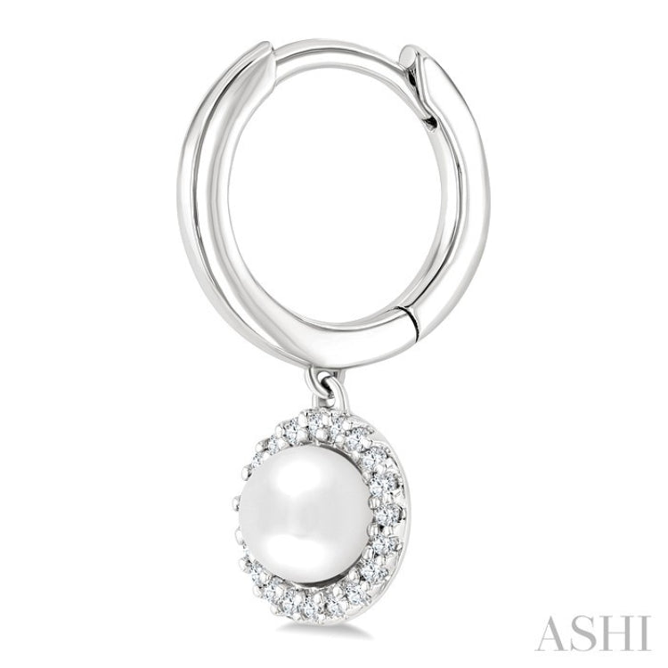 5.5 MM Round Shape Cultured Pearl and 1/8 Ctw Petite Round Cut Diamond Halo Fashion Huggies in 10K White Gold