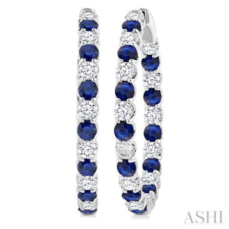 2.9 MM Round Sapphire and 2 5/8 Ctw Round Cut Diamond Inside & Outside Alternating Precious Hoop Earrings in 14K White Gold