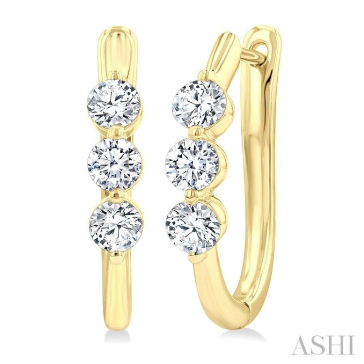 1 Ctw 3-Stone Round Cut Diamond Fashion Hoop Earrings in 14K Yellow Gold