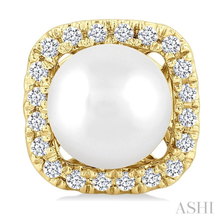 5 MM Cushion-Shaped Cultured Pearl and 1/8 Ctw Petite Round Cut Diamond Halo Stud Earrings in 10K Yellow Gold