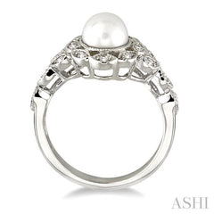 6.5 MM Cultured Pearl and 1/8 Ctw Round Cut Diamond Ring in 14K White Gold