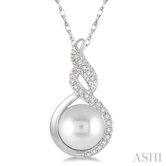 7 MM Round Shape Cultured Pearl and 1/20 Ctw Round Cut Diamond Twisted Accented Pendant in 10K White Gold with chain
