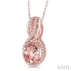 8x6 MM Oval Cut Morganite and 1/6 Ctw Round Cut Diamond Entwined Semi-Precious Pendant in 14K Rose Gold with chain