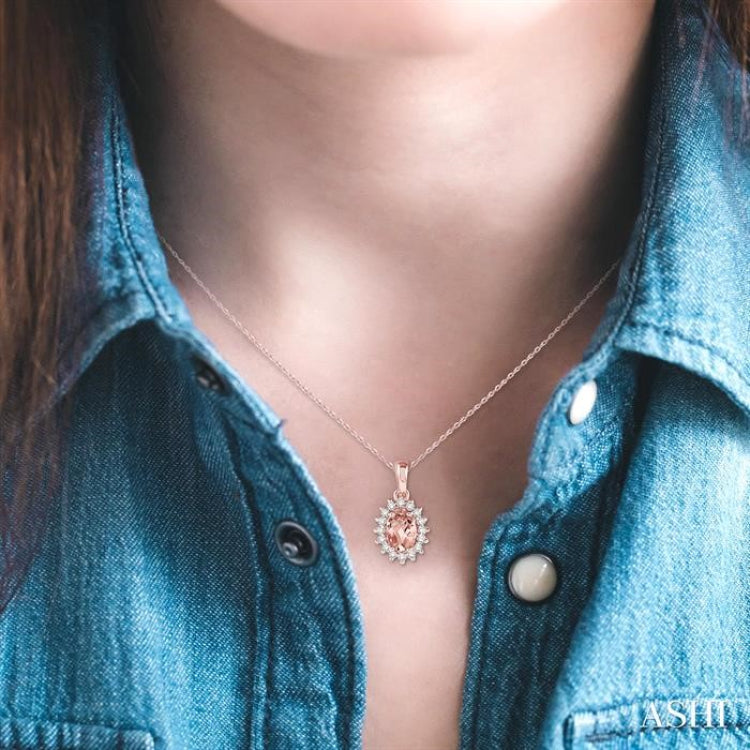6x4 MM Oval Cut Morganite Center Sunflower and 1/8 Ctw Round Cut Diamond Semi-Precious Pendant in 10K Rose Gold with chain