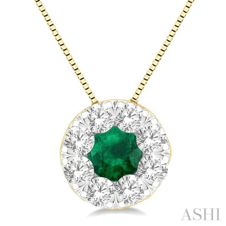 3.8 MM Emerald and 1/3 Ctw Round Cut Lovebright Diamond Precious Pendant With Chain in 14K Yellow and White Gold