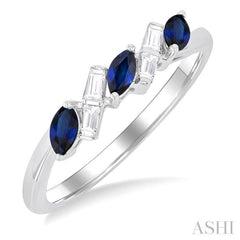 4x2 MM Marquise Cut Sapphire and 1/8 Ctw Baguette Cut Diamond Precious Fashion Ring in 14K White Gold