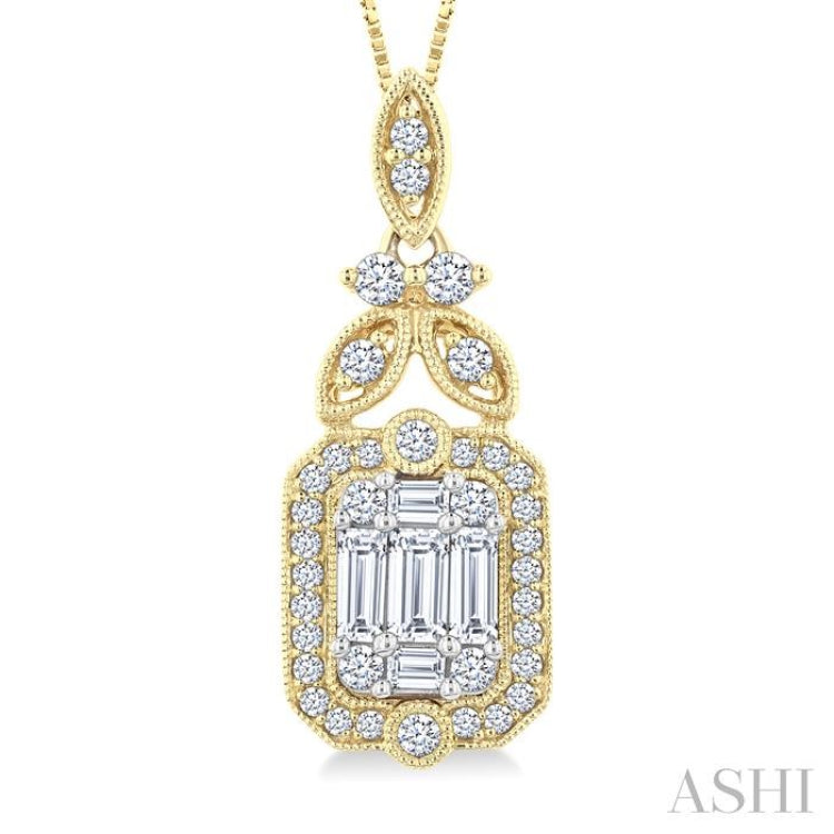 5/8 Ctw Fusion Baguette and Round Cut Diamond Fashion Pendant With Chain in 14K Yellow and White Gold
