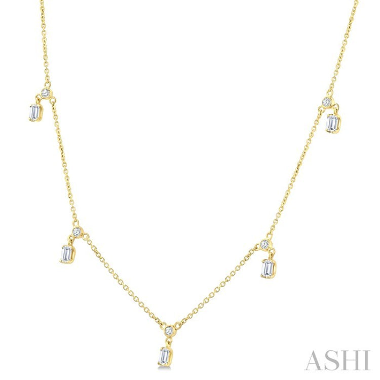 5/8 Ctw Dangle Emerald and Round Cut Diamond Station Necklace in 14K Yellow Gold