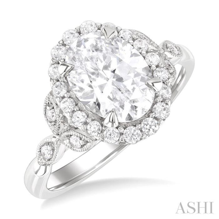 1/3 Ctw Oval Shape Carved Shank Round Cut Diamond Semi-Mount Engagement Ring in 14K White Gold