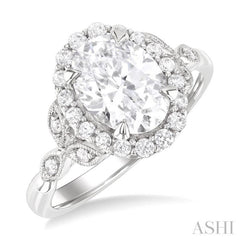 1/3 Ctw Oval Shape Carved Shank Round Cut Diamond Semi-Mount Engagement Ring in 14K White Gold