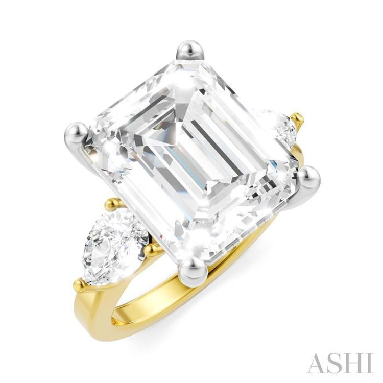 1 Ctw Tri-Mount Emerald Shape Center Pear and Round Cut Diamond Semi-Mount Engagement Ring in 14K Yellow and White Gold