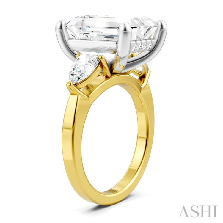 1 Ctw Tri-Mount Emerald Shape Center Pear and Round Cut Diamond Semi-Mount Engagement Ring in 14K Yellow and White Gold