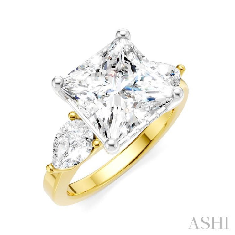1 Ctw Tri-Mount Princess Shape Center Pear and Round Cut Diamond Semi-Mount Engagement Ring in 14K Yellow and White Gold