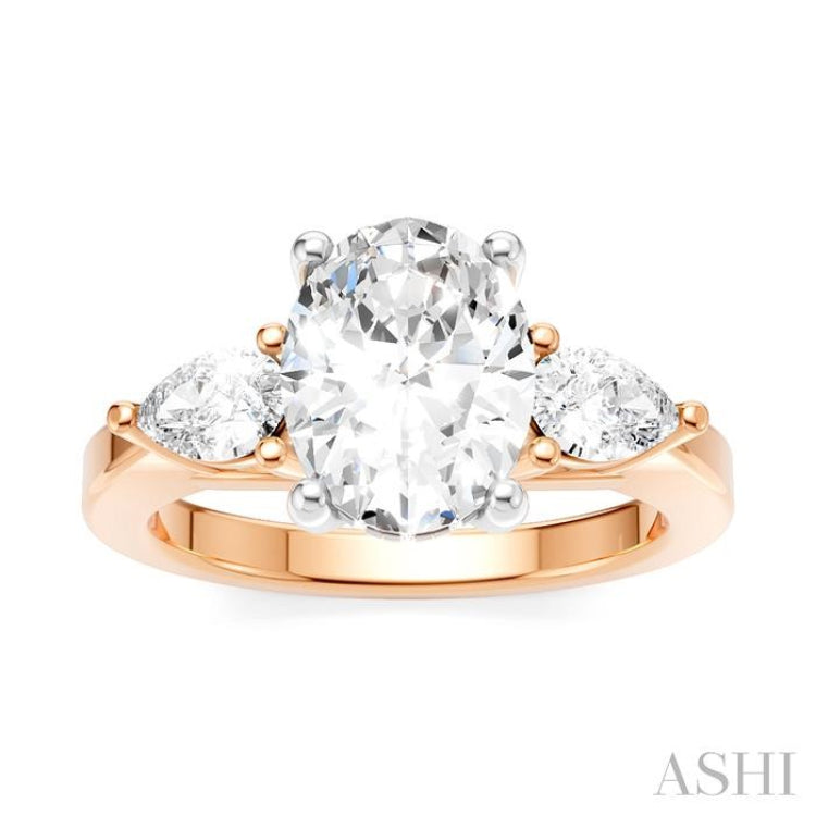 1/2 Ctw Tri-Mount Oval Shape Center Pear and Round Cut Diamond Semi-Mount Engagement Ring in 14K Rose and White Gold