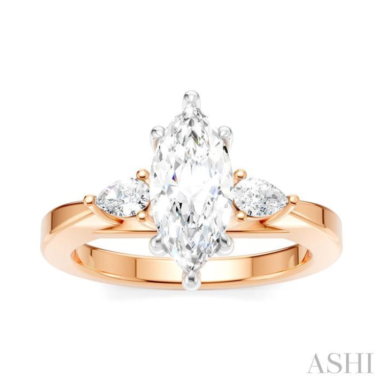 1/4 Ctw Tri-Mount Marquise Shape Center Pear and Round Cut Diamond Semi-Mount Engagement Ring in 14K Rose and White Gold