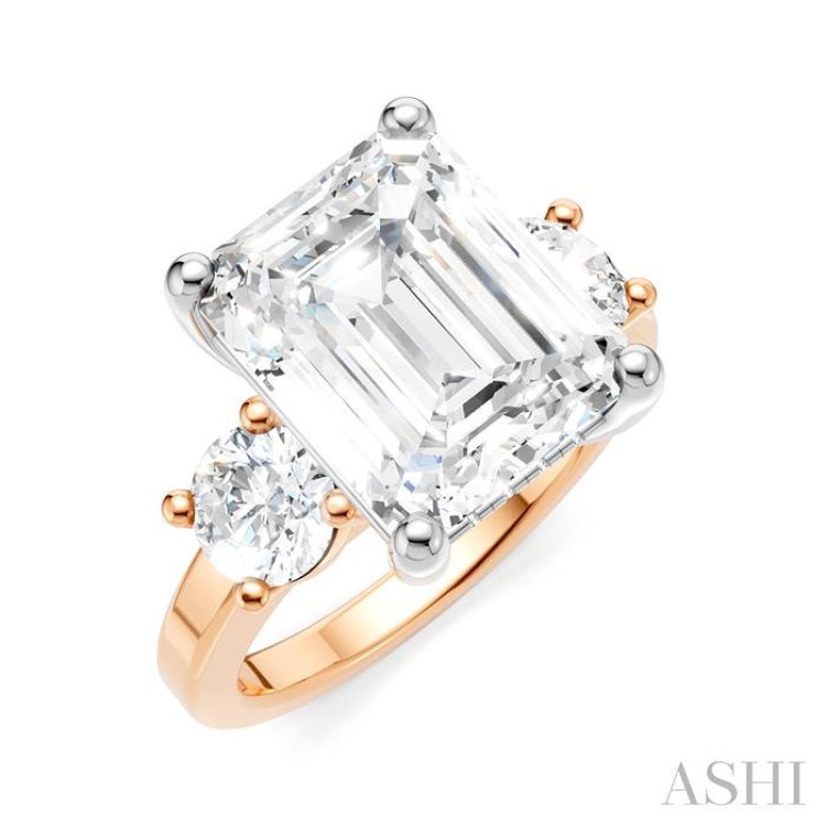1 Ctw Tri-Mount Emerald Shape Center Round Cut Diamond Semi-Mount Engagement Ring in 14K Rose and White Gold