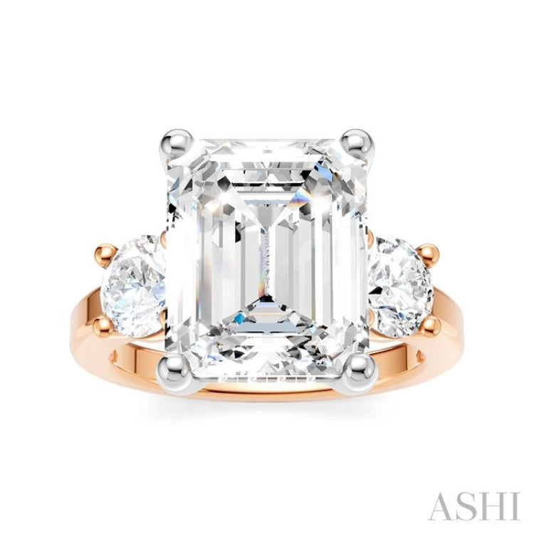 1 Ctw Tri-Mount Emerald Shape Center Round Cut Diamond Semi-Mount Engagement Ring in 14K Rose and White Gold