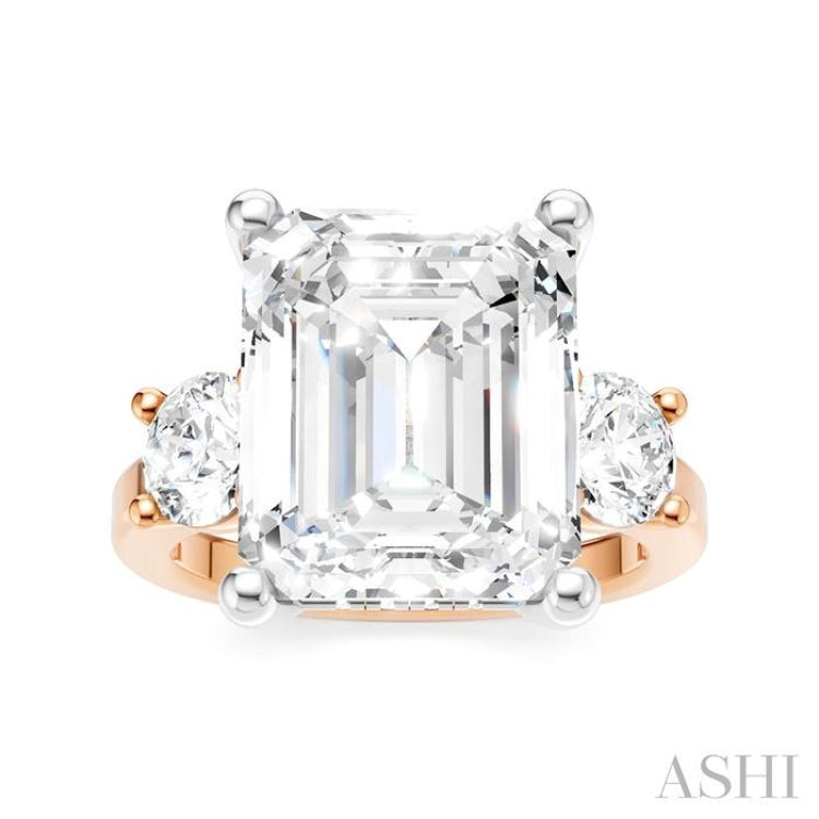 1 Ctw Tri-Mount Emerald Shape Center Round Cut Diamond Semi-Mount Engagement Ring in 14K Rose and White Gold