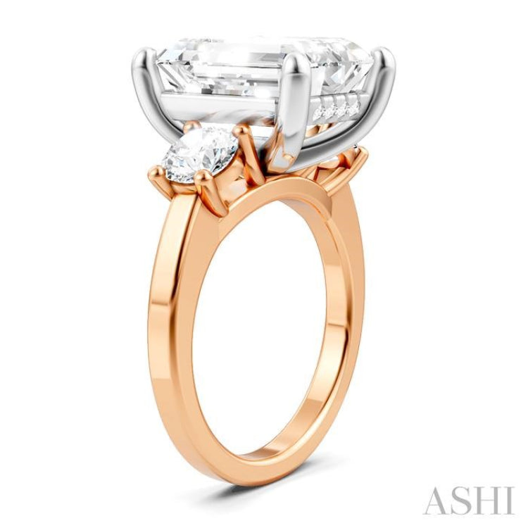1 Ctw Tri-Mount Emerald Shape Center Round Cut Diamond Semi-Mount Engagement Ring in 14K Rose and White Gold