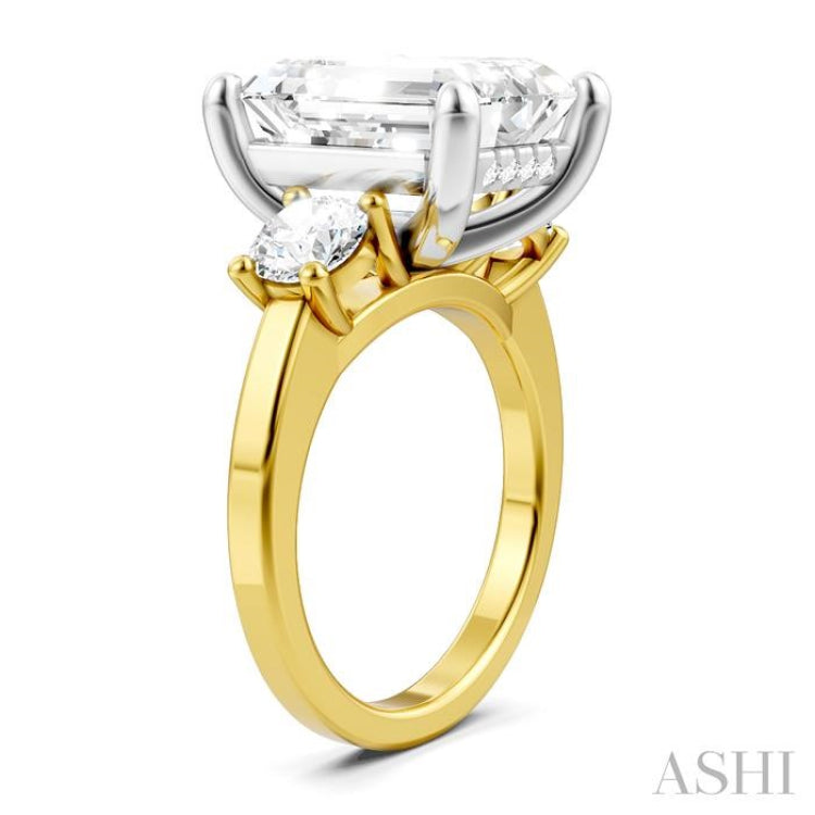 1 Ctw Tri-Mount Emerald Shape Center Round Cut Diamond Semi-Mount Engagement Ring in 14K Yellow and White Gold