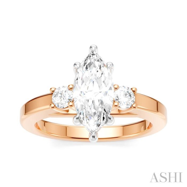 1/4 Ctw Tri-Mount Marquise Shape Center Round Cut Diamond Semi-Mount Engagement Ring in 14K Rose and White Gold