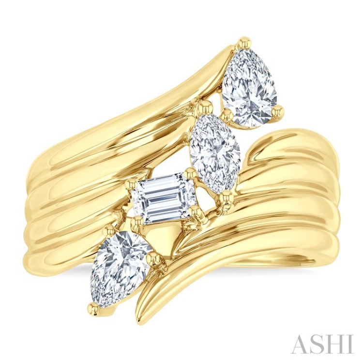 1 Ctw Open Bypass Ribbed Shank Mixed Diamond Cut Fashion Ring in 14K Yellow Gold