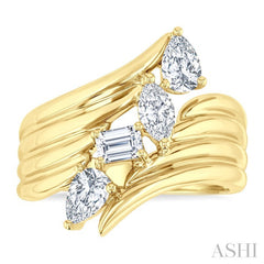 1 Ctw Open Bypass Ribbed Shank Mixed Diamond Cut Fashion Ring in 14K Yellow Gold