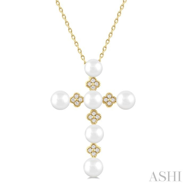 4 MM Round Shape Cultured Pearl and  1/10 Ctw Clover Round Cut Diamond Cross Pendant With Chain in 10K Yellow Gold