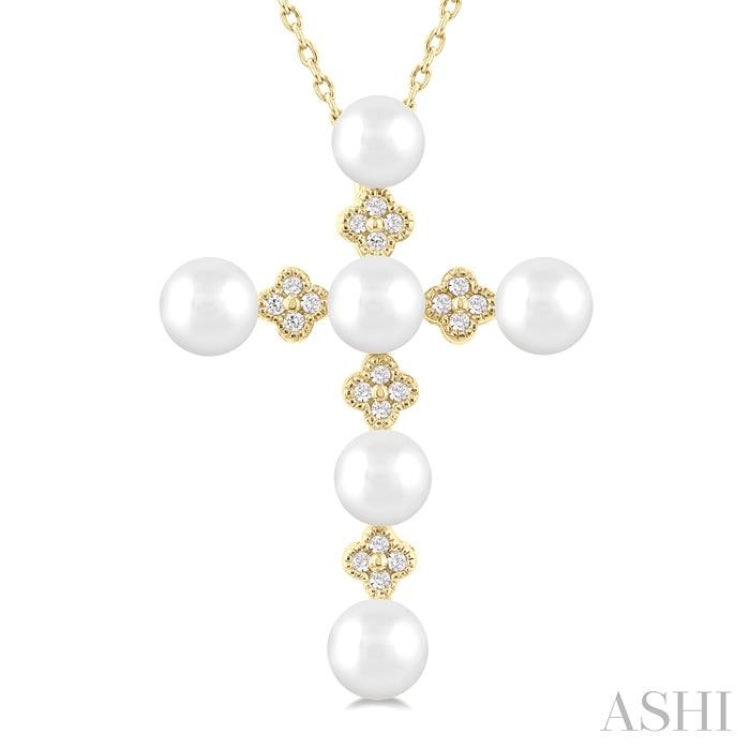 4 MM Round Shape Cultured Pearl and  1/10 Ctw Clover Round Cut Diamond Cross Pendant With Chain in 10K Yellow Gold