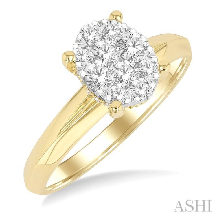 1/2 Ctw Knife Edge Shank Oval Shaped Lovebright Round Cut Diamond Ring in 14K Yellow and White Gold