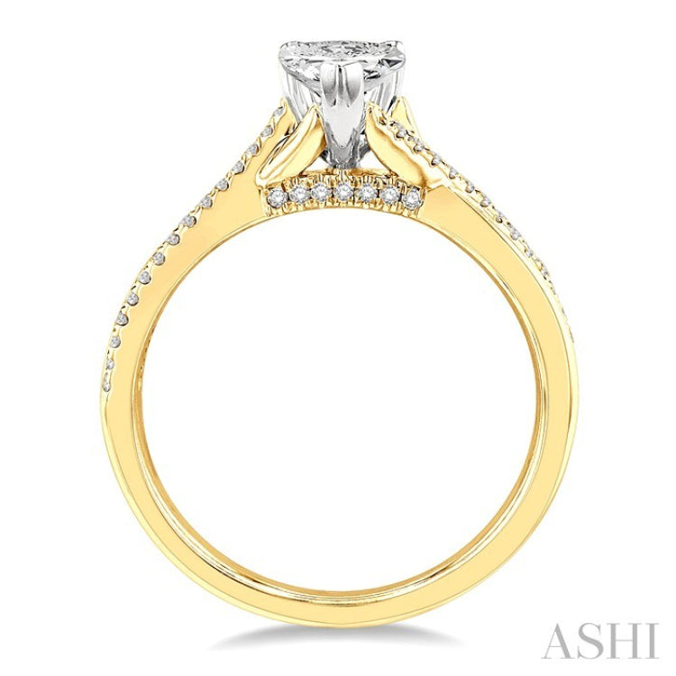 1/2 Ctw Split Crossover Shank Round & Pear Cut Diamond Engagement Ring with 1/3 Ctw Pear Cut Center Stone in 14K Yellow and White Gold