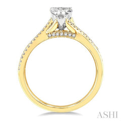 1/2 Ctw Split Crossover Shank Round & Pear Cut Diamond Engagement Ring with 1/3 Ctw Pear Cut Center Stone in 14K Yellow and White Gold