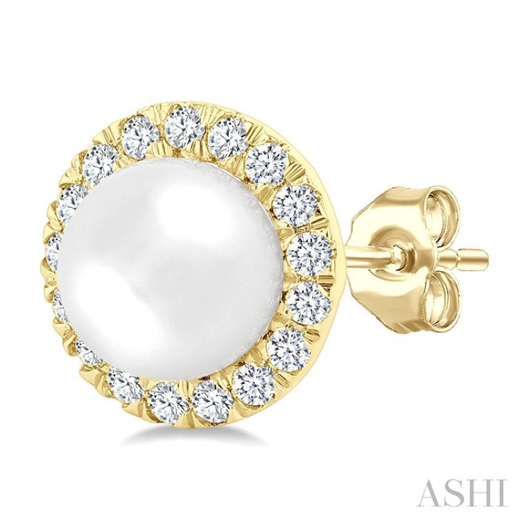 4.5 MM White Cultured Pearl and 1/8 Ctw Round Cut Diamond Halo Stud Earrings in 10K Yellow Gold