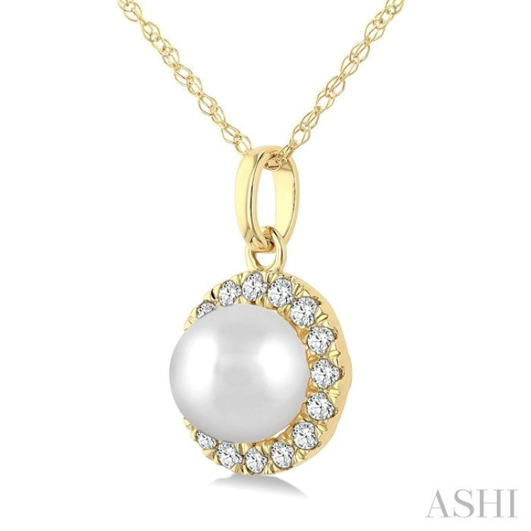 5 MM White Cultured Pearl and 1/20 Ctw Round Cut Diamond Halo Pendant With Chain in 10K Yellow Gold