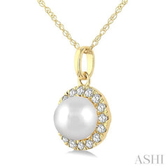 5 MM White Cultured Pearl and 1/20 Ctw Round Cut Diamond Halo Pendant With Chain in 10K Yellow Gold
