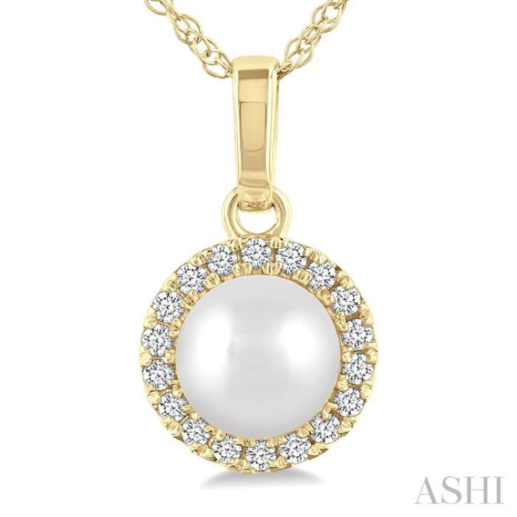 5 MM White Cultured Pearl and 1/20 Ctw Round Cut Diamond Halo Pendant With Chain in 10K Yellow Gold