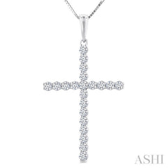 1/2 Ctw Cross Shared Prong Set Round Cut Diamond Pendant With Chain in 14K White Gold
