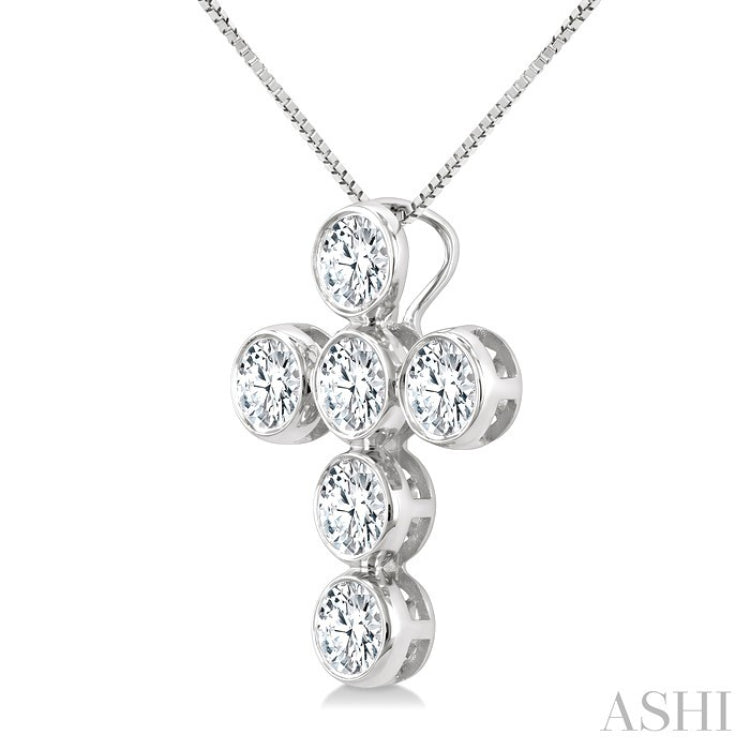 1 Ctw Round Cut Diamond 6-Stone Bezel Set Cross Pendant With Chain in 14K White Gold