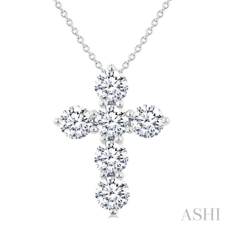 2 Ctw Round Cut Diamond Christian Cross 6-Stone Fashion Pendant With Chain in 14K White Gold